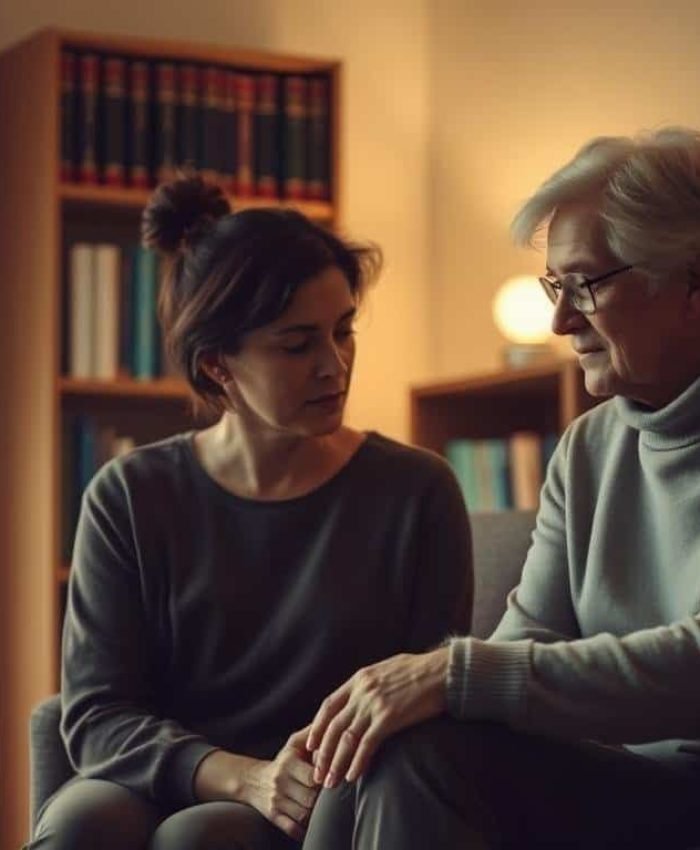 A serene and comforting scene of a grief counselor sitting with a person in a dimly lit, cozy room. The counselor, dressed in muted tones, exudes a calming presence as they listen intently, offering a supportive and empathetic demeanor. In the background, a bookshelf filled with volumes on grief and healing provides a sense of expertise and professionalism. Soft, warm lighting casts a gentle glow, creating an atmosphere of trust and understanding. The person receiving counsel appears vulnerable yet comforted, their posture reflecting a sense of openness and acceptance as they navigate the profound experience of loss and grief.